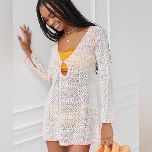 Urban Outfitters Other - UO Sheer Lace Beach Cover-Up - White & Pink Long Sleeve Mini Dress